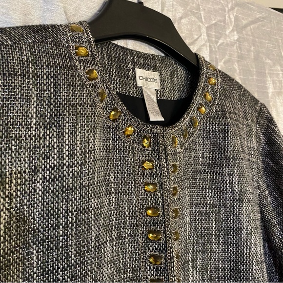 Chico’s tweed long jacket, SZ 3, XL hook closures,rhinestone embellishment, GUC - Picture 9 of 13